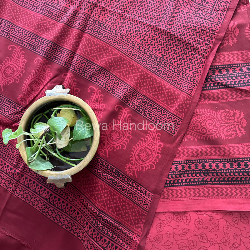 Red-Black Bagh Print Cotton Suit-BCS98