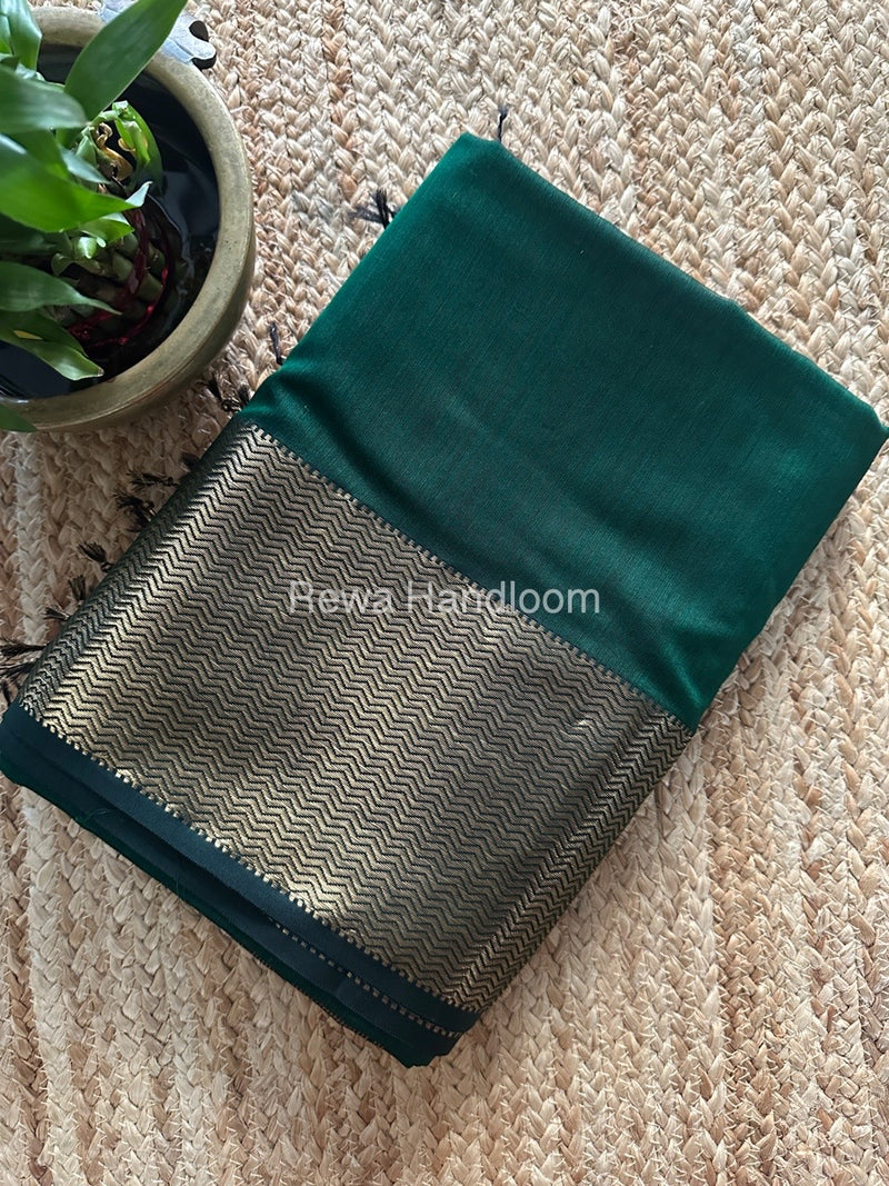 Maheshwari Bottle Green Zari Border Plain Saree ZS0104