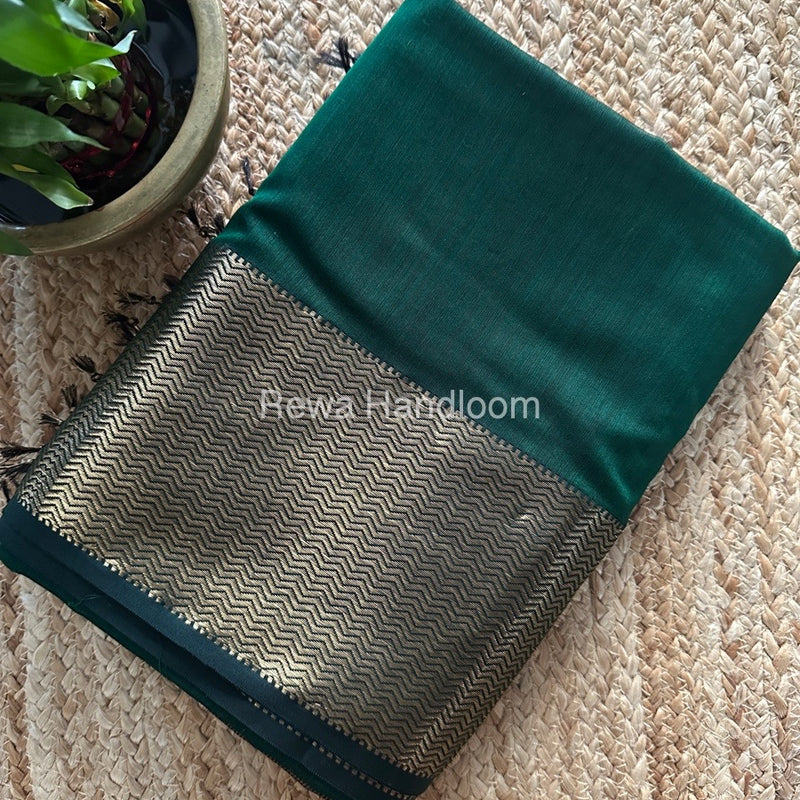 Maheshwari Bottle Green Zari Border Plain Saree ZS0104