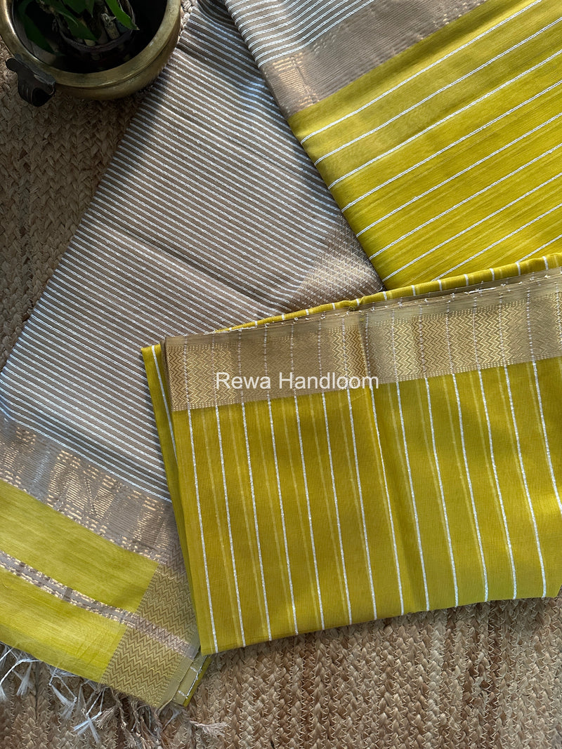 Maheshwari Lemon Yellow Gichha Thread Lining Saree GTLS003