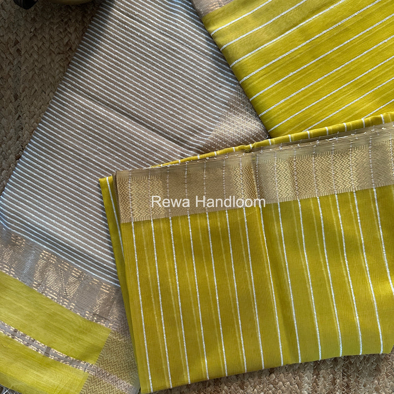 Maheshwari Lemon Yellow Gichha Thread Lining Saree GTLS003
