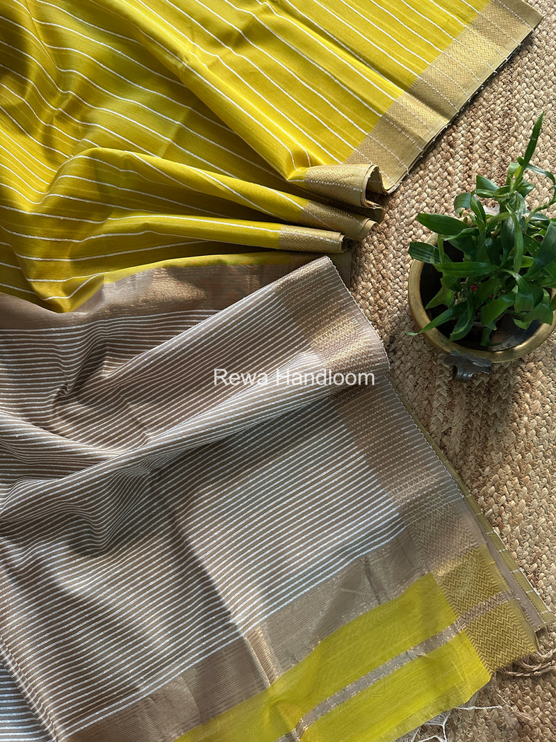 Maheshwari Lemon Yellow Gichha Thread Lining Saree GTLS003