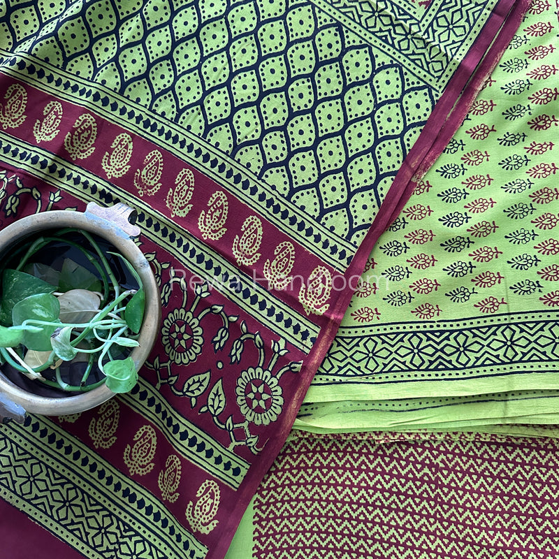 Parrot Green-Maroon Bagh Print Cotton Suit-BCS107