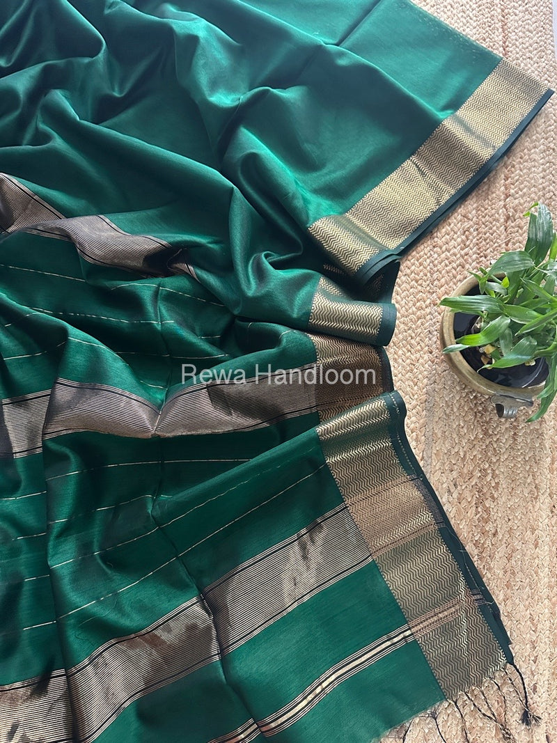 Maheshwari Bottle Green Zari Border Plain Saree ZS0104