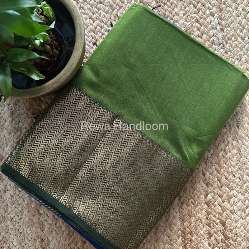 Maheshwari Mehendi Green Zari Border Plain Saree ZS0103