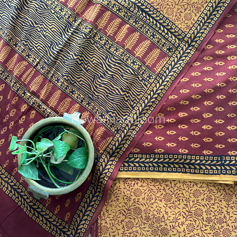 Red-Mustard Yellow Bagh Print Cotton Suit-BCS97
