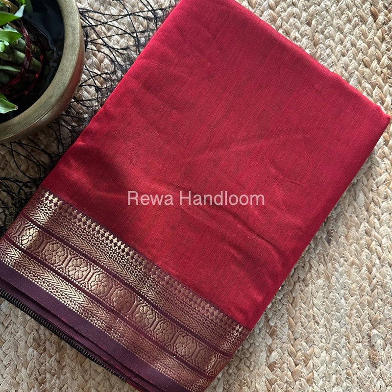 Maheshwari Red Zari Border Plain Saree ZSBS019