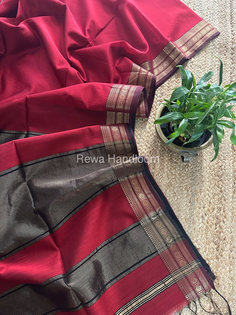 Maheshwari Red Zari Border Plain Saree ZSBS019