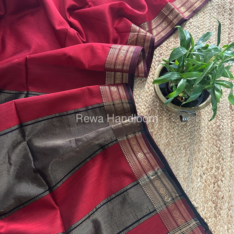 Maheshwari Red Zari Border Plain Saree ZSBS019