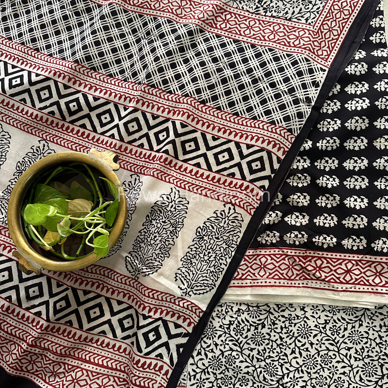 Black-White Bagh Print Cotton Suit-BCS103