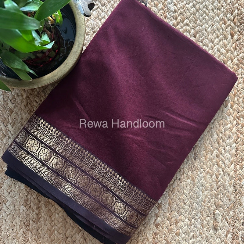 Maheshwari Wine Zari Border Plain Saree ZSBS026