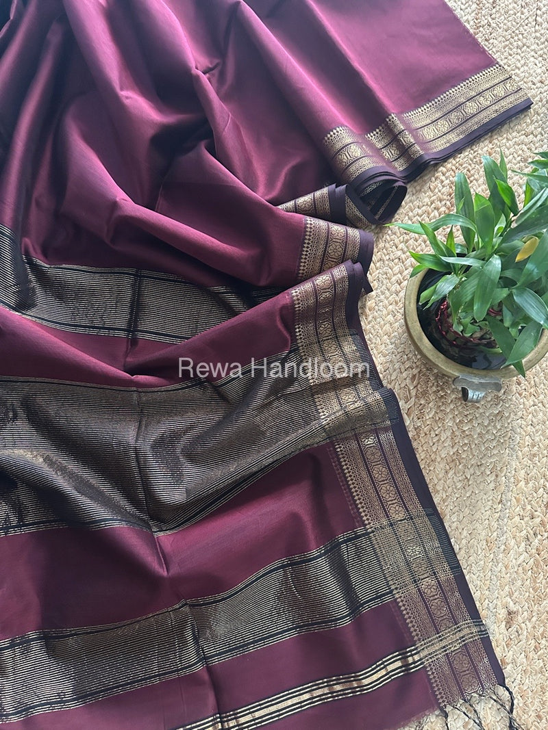 Maheshwari Wine Zari Border Plain Saree ZSBS026