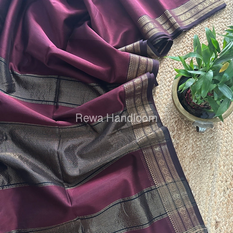 Maheshwari Wine Zari Border Plain Saree ZSBS026