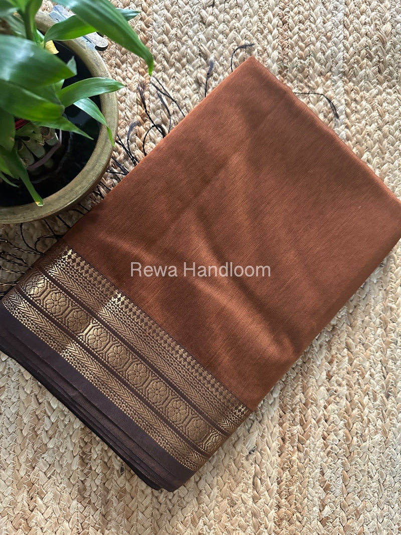 Maheshwari Brown Zari Border Plain Saree ZSBS024