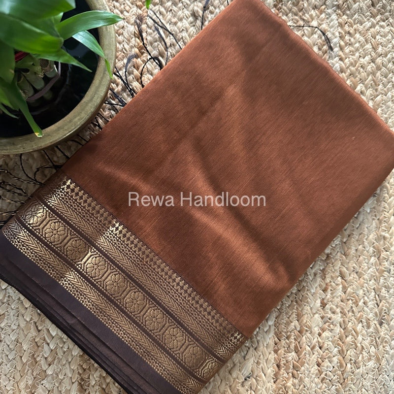 Maheshwari Brown Zari Border Plain Saree ZSBS024
