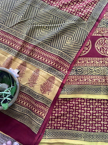 Yellow-Maroon Bagh Print Cotton Suit-BCS101