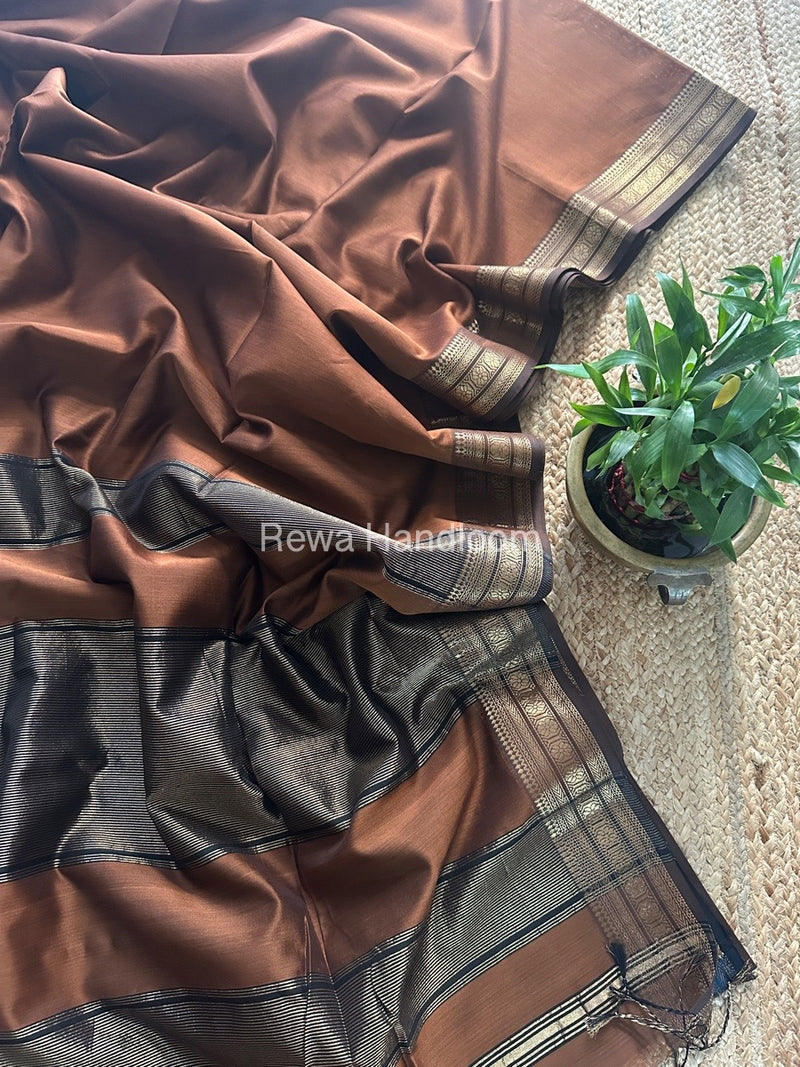 Maheshwari Brown Zari Border Plain Saree ZSBS024
