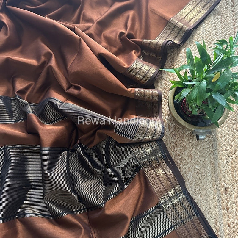 Maheshwari Brown Zari Border Plain Saree ZSBS024