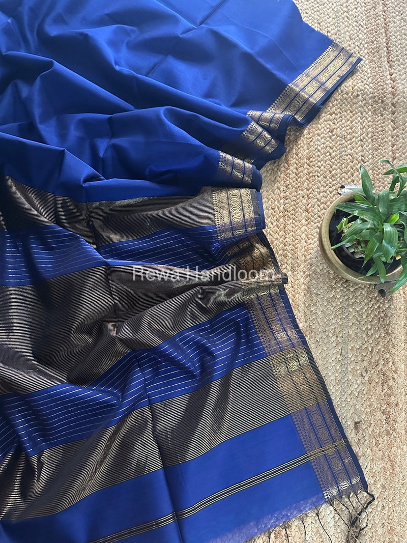 Maheshwari Blue Zari Border Plain Saree ZSBS021