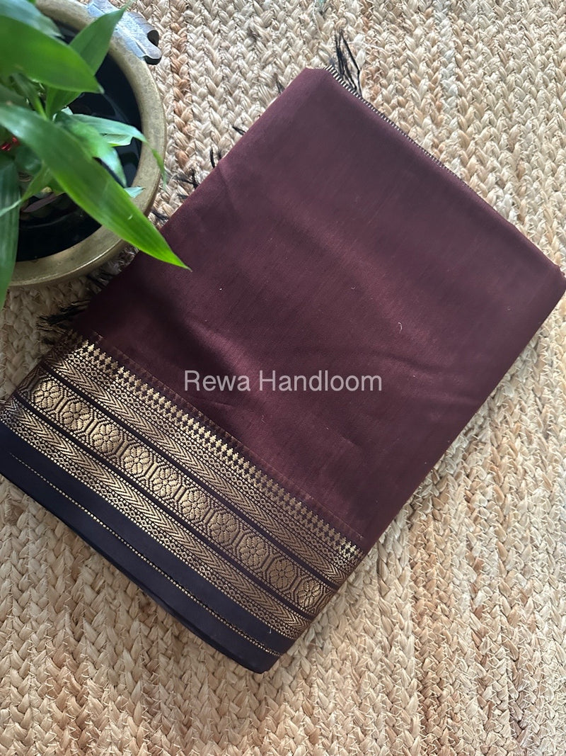 Maheshwari Dark Brown Zari Border Plain Saree ZSBS017