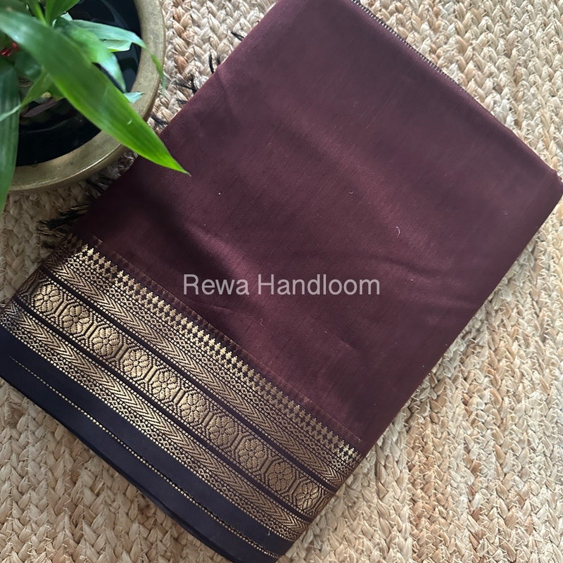 Maheshwari Dark Brown Zari Border Plain Saree ZSBS017