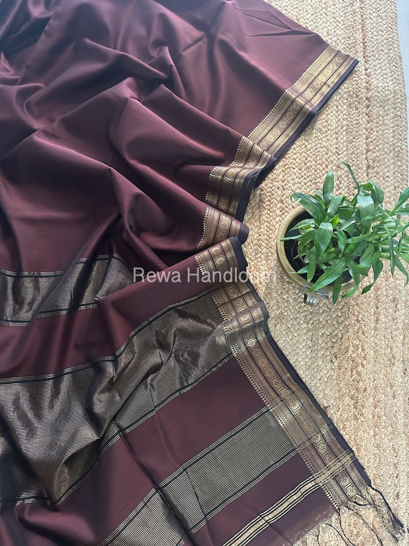 Maheshwari Dark Brown Zari Border Plain Saree ZSBS017