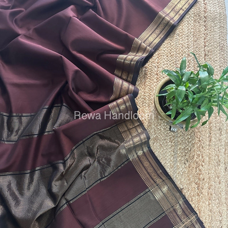 Maheshwari Dark Brown Zari Border Plain Saree ZSBS017