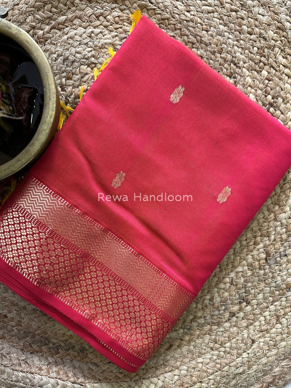 Fuchsia Pink Butta Pallu Zari Border Saree ~ Maheshwari Saree BTPS031