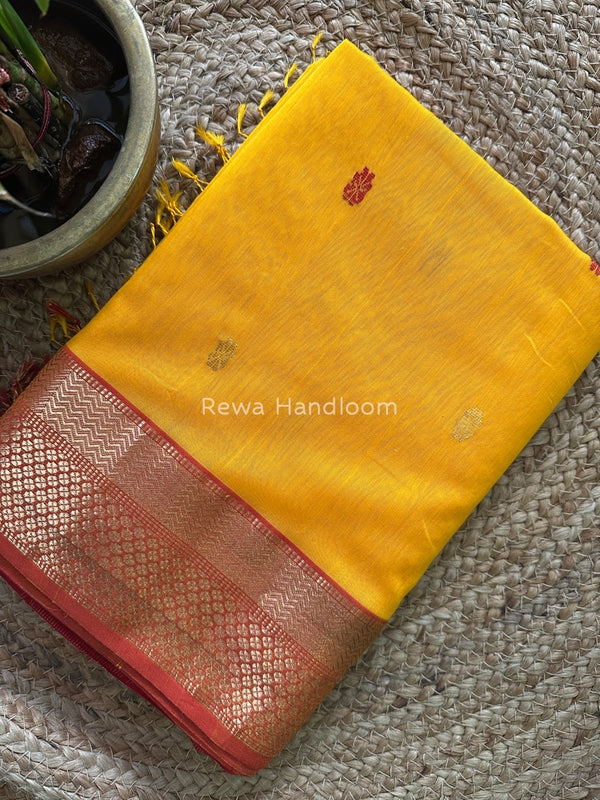 Golden Yellow Butta Pallu Zari Border Saree ~ Maheshwari Saree BTPS032