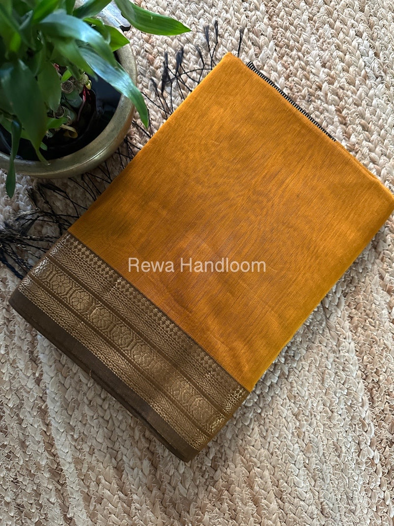 Maheshwari Mustard Yellow Zari Border Plain Saree ZSBS018