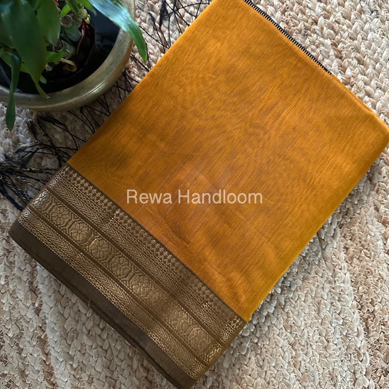 Maheshwari Mustard Yellow Zari Border Plain Saree ZSBS018