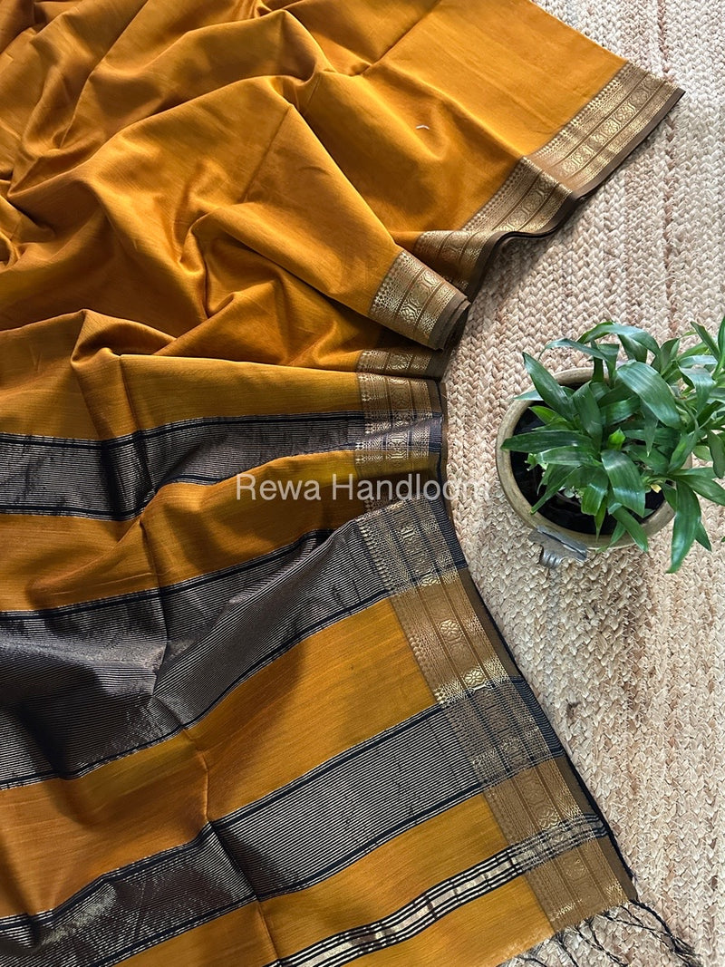 Maheshwari Mustard Yellow Zari Border Plain Saree ZSBS018