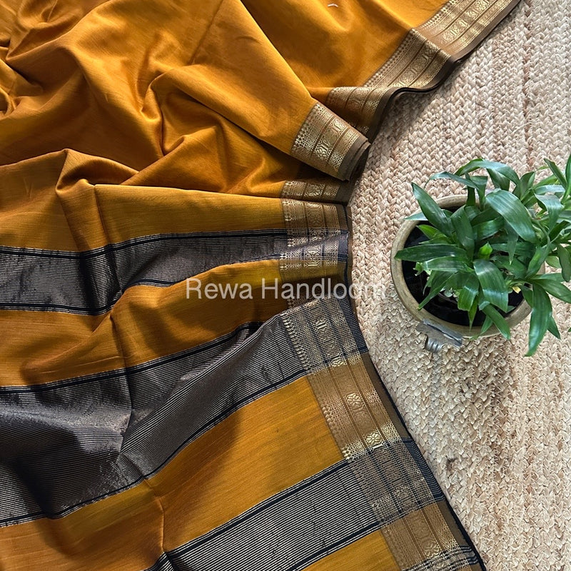 Maheshwari Mustard Yellow Zari Border Plain Saree ZSBS018