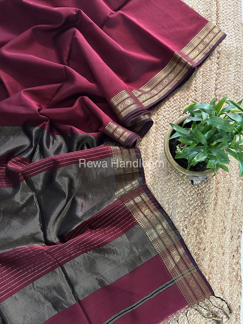 Maheshwari Maroon Zari Border Plain Saree ZSBS05