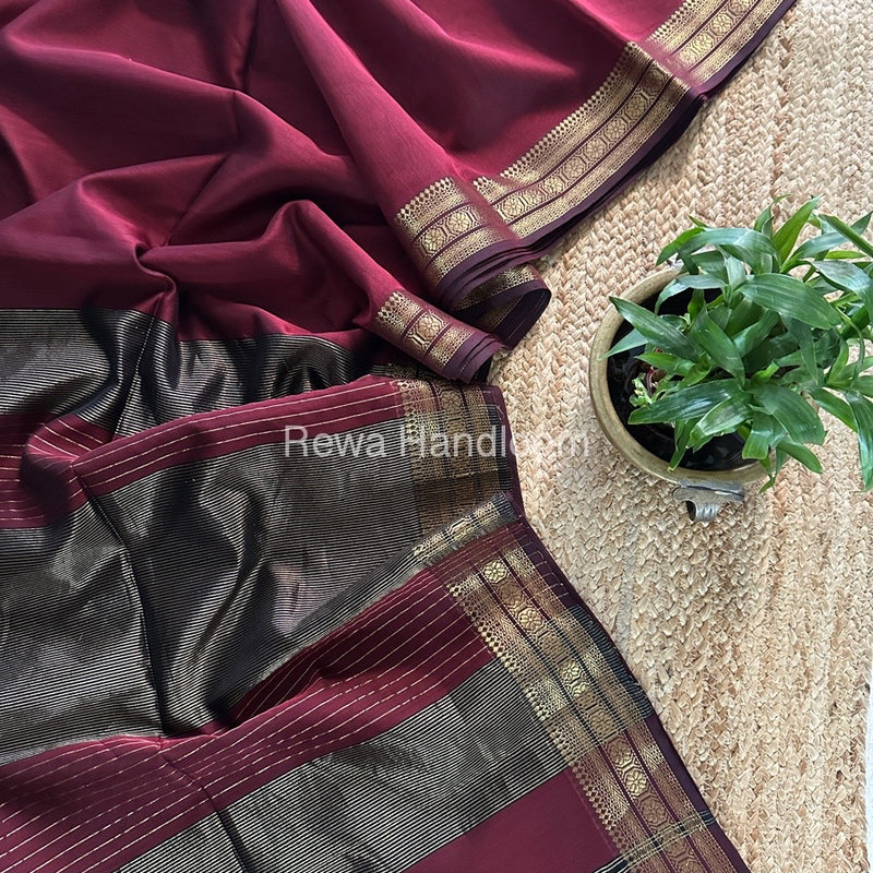 Maheshwari Maroon Zari Border Plain Saree ZSBS05