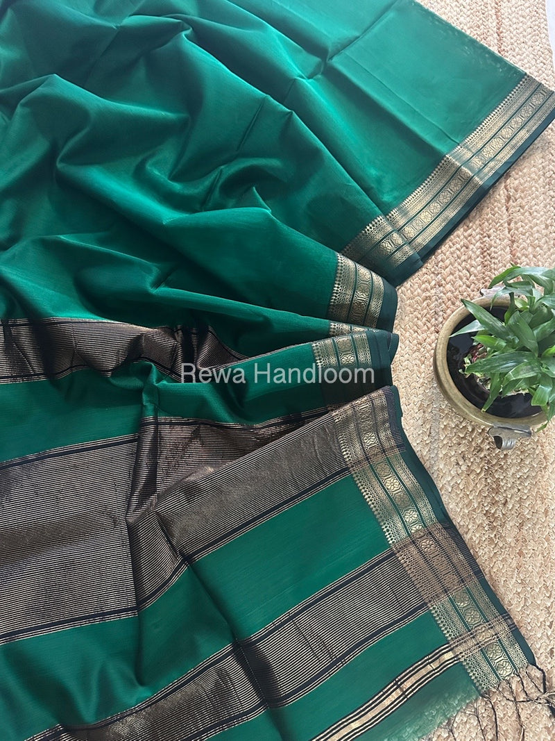 Maheshwari Green Zari Border Plain Saree ZSBS025