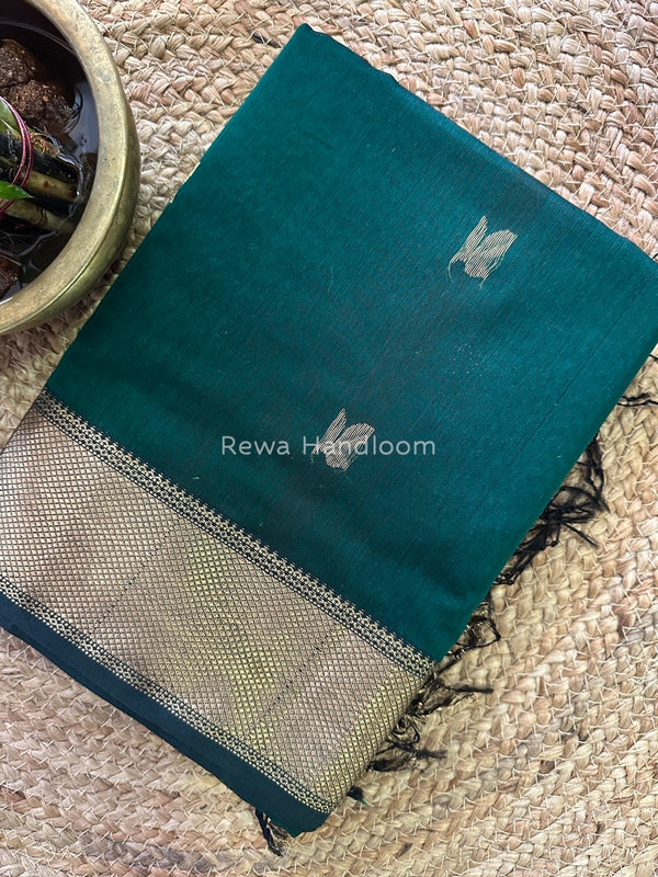 Bottle Green Butta Butti Zari Border Maheshwari Saree ZBB035