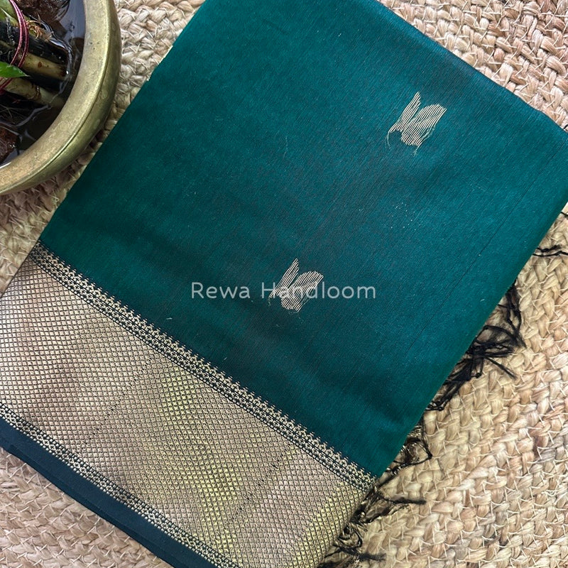 Bottle Green Butta Butti Zari Border Maheshwari Saree ZBB035