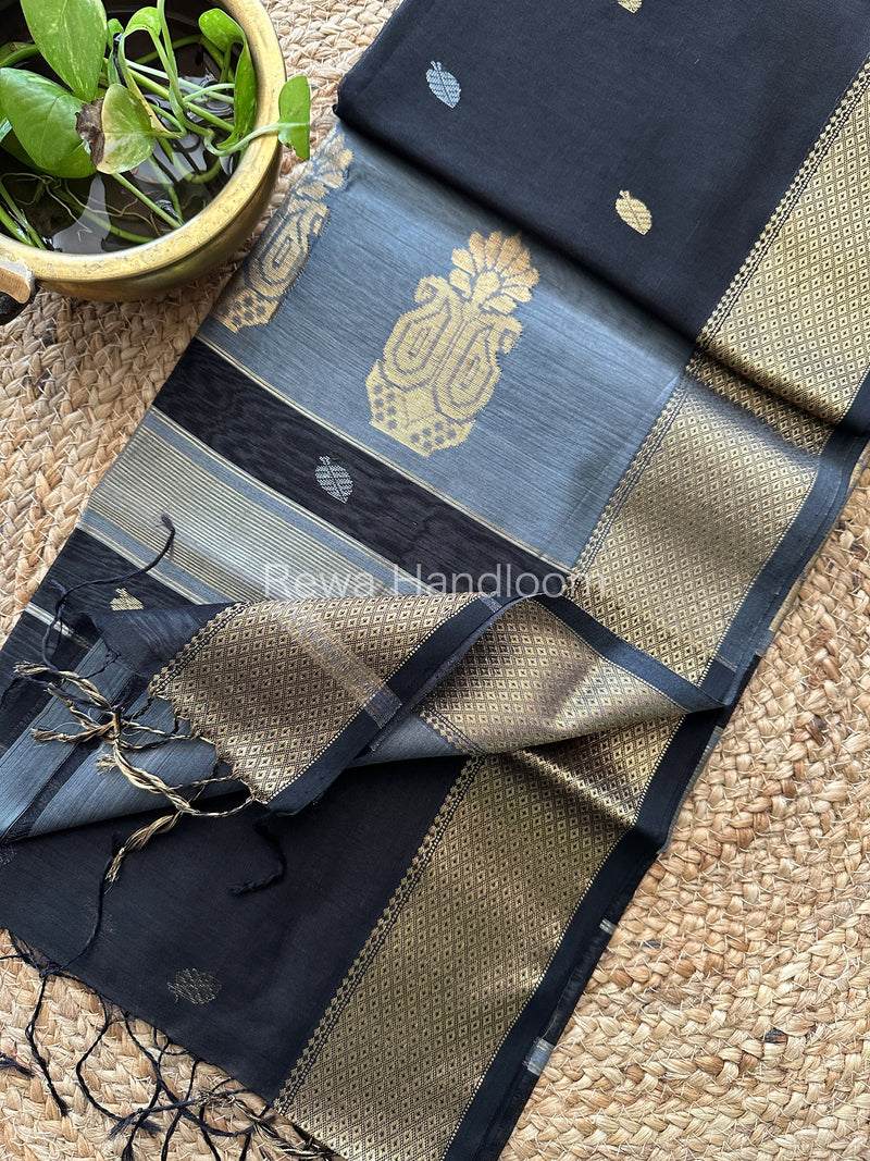 Black Butta Pallu Zari Border Saree ~ Maheshwari Saree-BTPS01