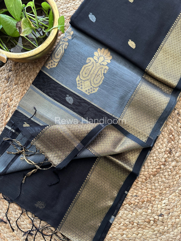 Black Butta Pallu Zari Border Saree ~ Maheshwari Saree-BTPS01