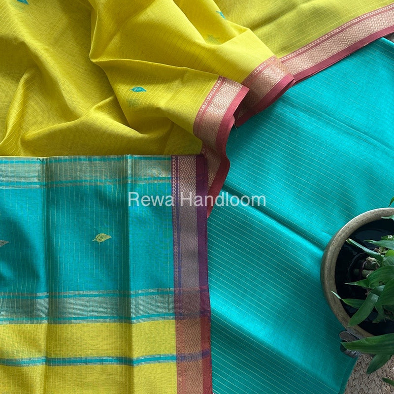 Maheshwari Sea Green-Yellow Motifs Top-Dupatta Set PST0189