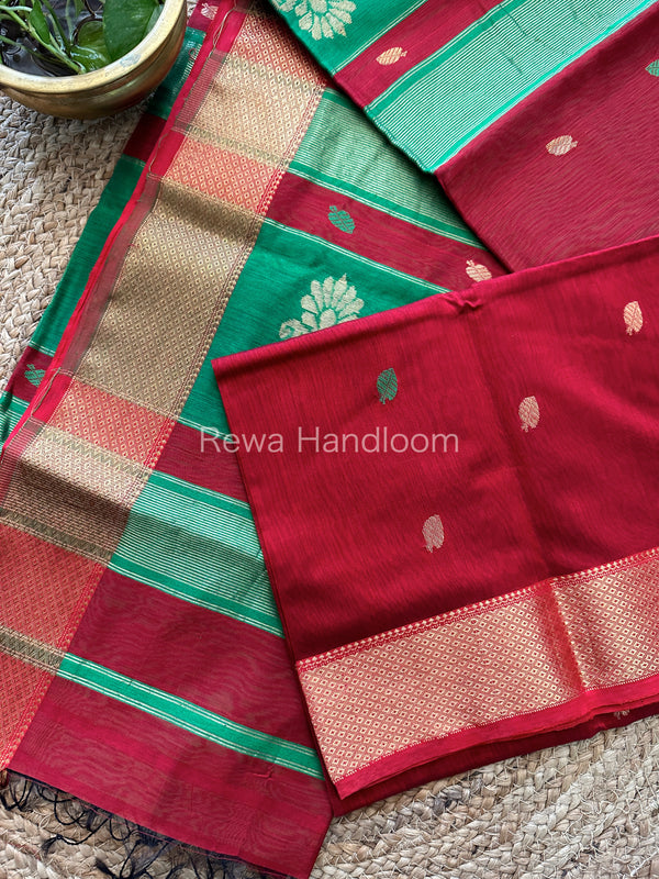 Red Butta Pallu Zari Border Saree ~ Maheshwari Saree-BTPS06