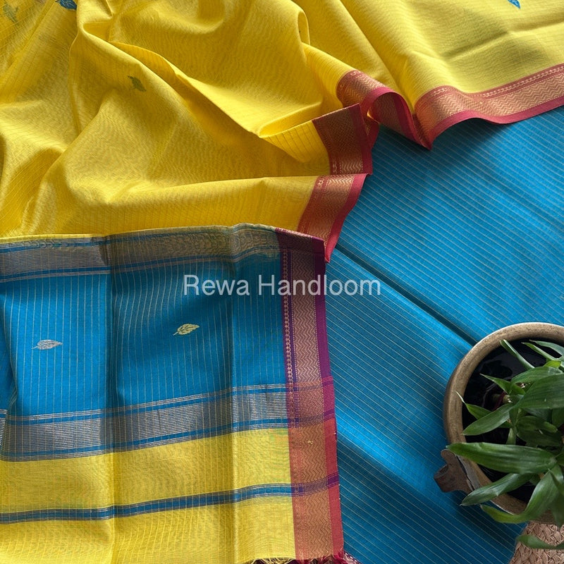 Maheshwari Firozi Blue-Yellow Motifs Top-Dupatta Set PST0191