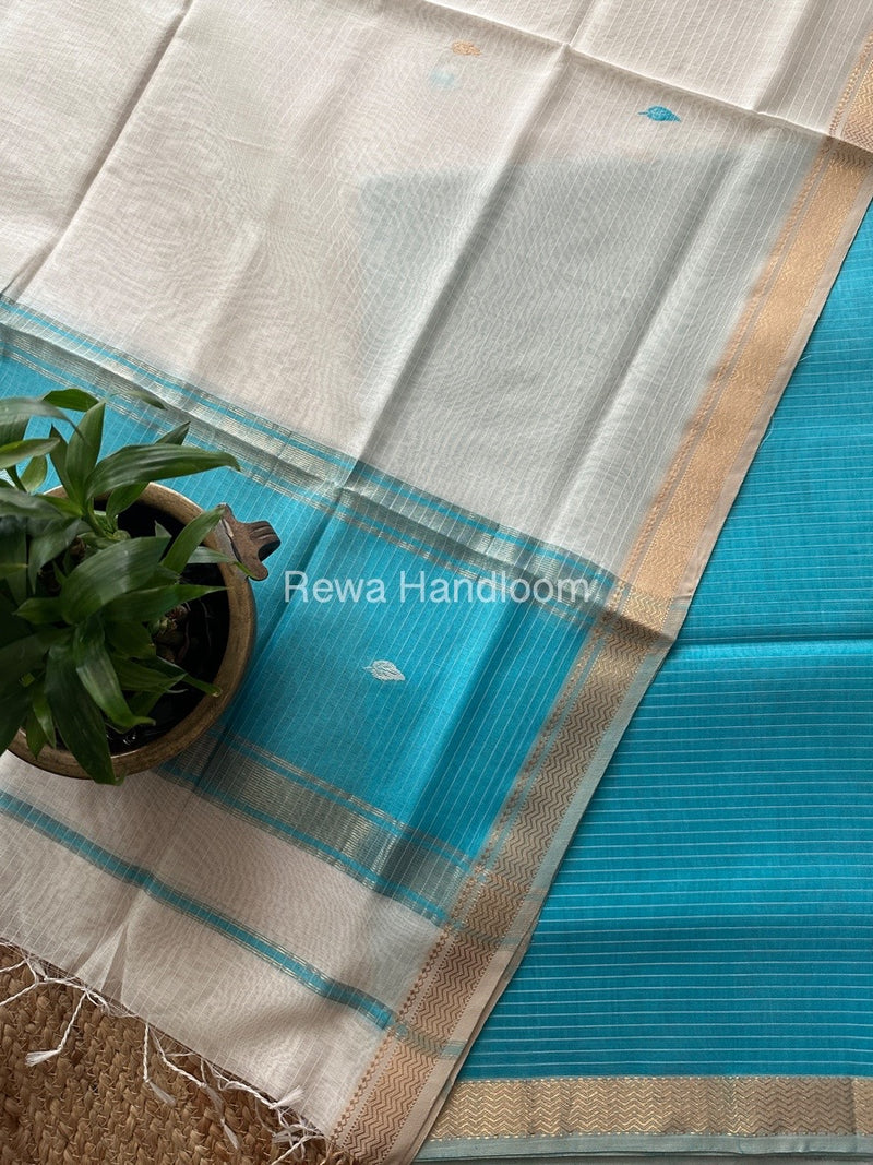 Maheshwari Sky Blue-White Motifs Top-Dupatta Set PST0194