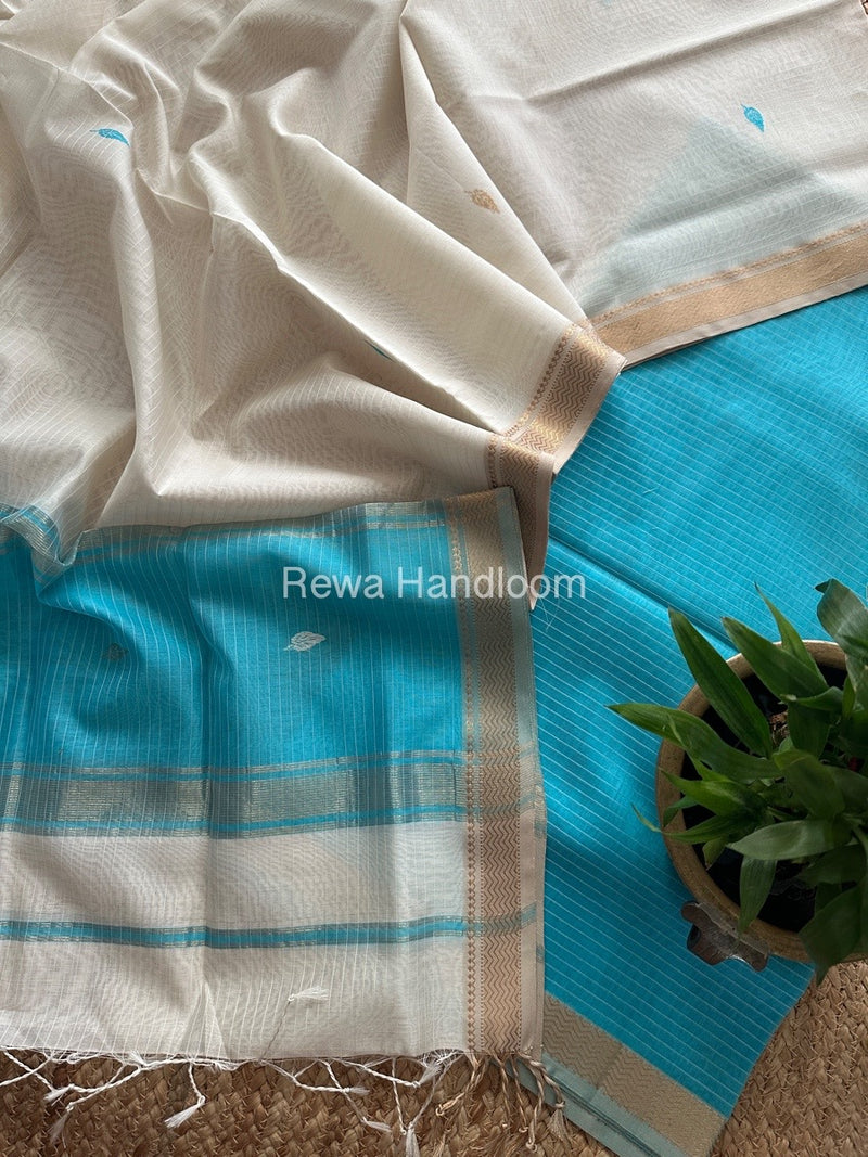 Maheshwari Sky Blue-White Motifs Top-Dupatta Set PST0194