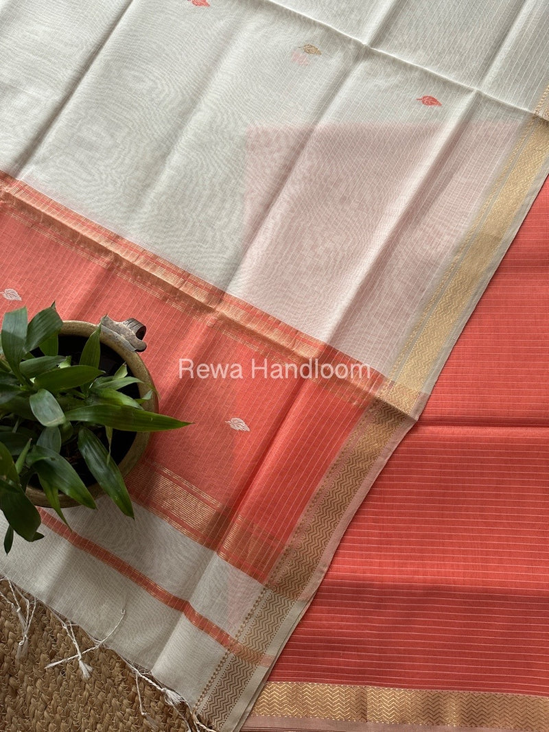 Maheshwari Peach-White Motifs Top-Dupatta Set PST0178