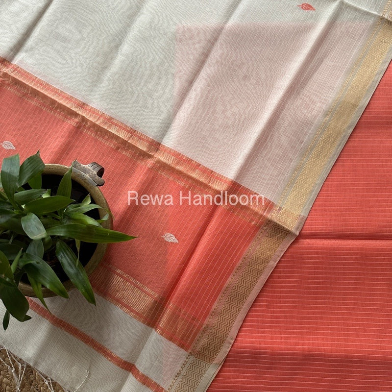 Maheshwari Peach-White Motifs Top-Dupatta Set PST0178