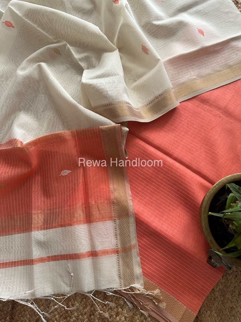 Maheshwari Peach-White Motifs Top-Dupatta Set PST0178