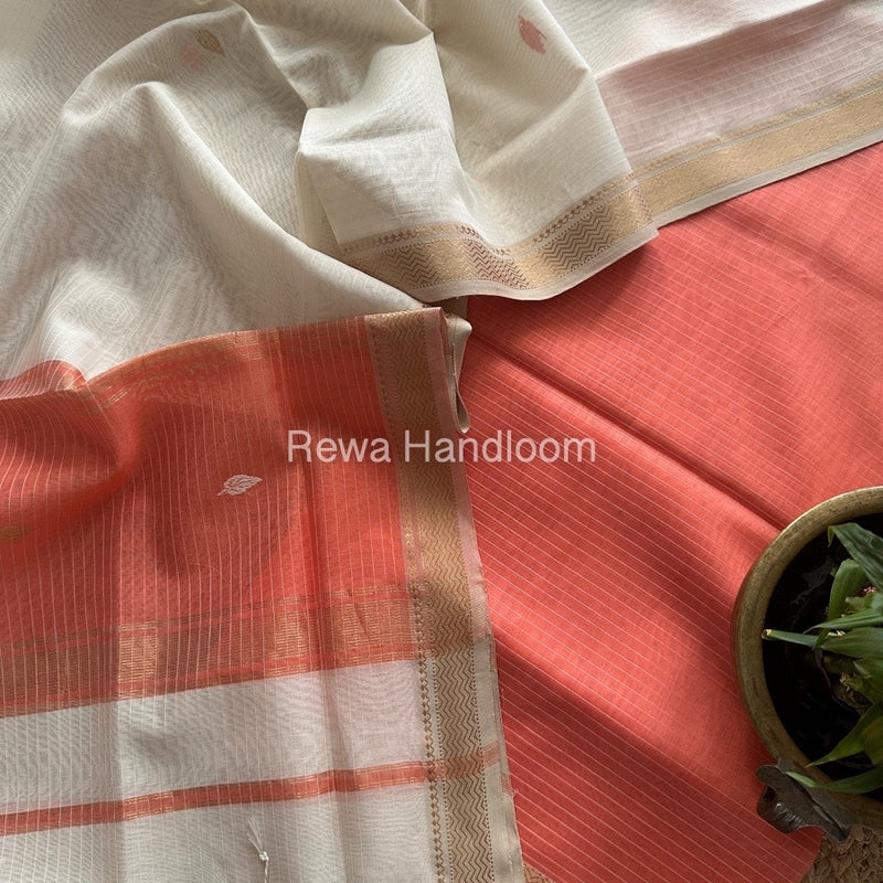 Maheshwari Peach-White Motifs Top-Dupatta Set PST0178