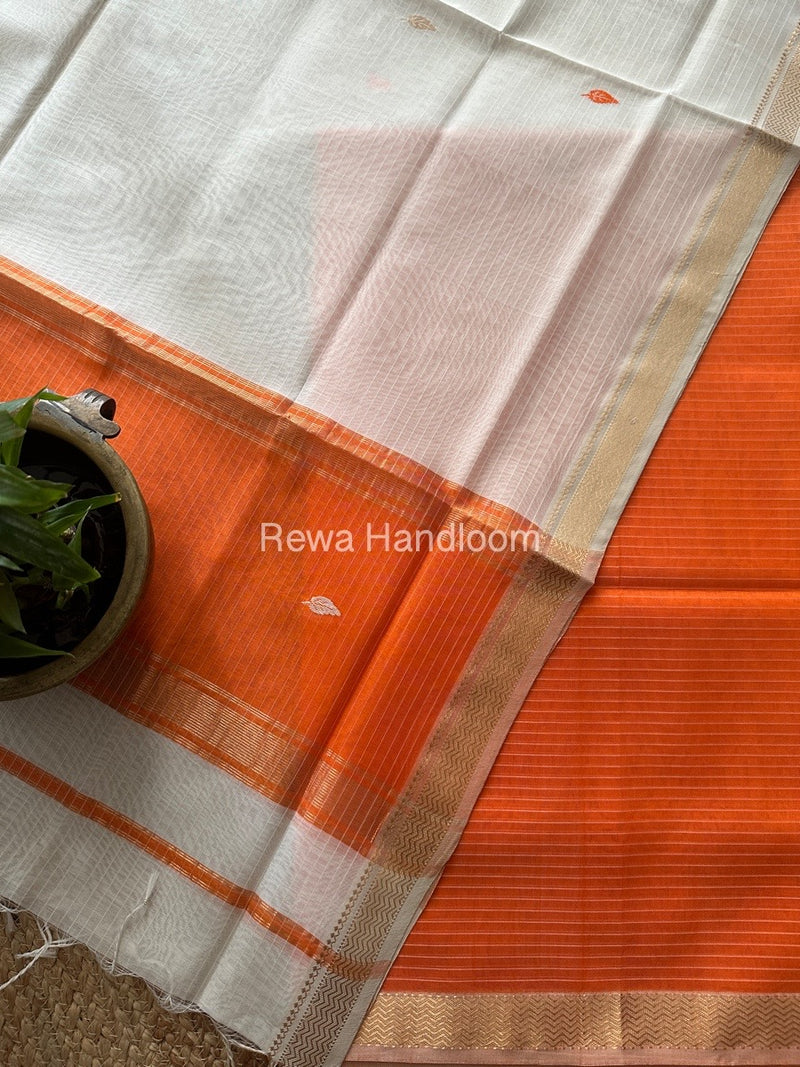 Maheshwari Orange-White Motifs Top-Dupatta Set PST0188